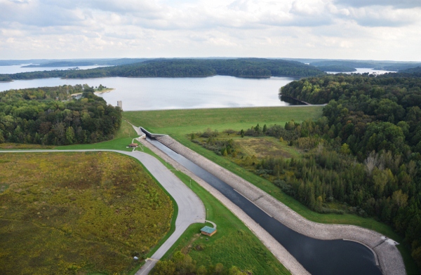 Aerial view of the tailwater and dam at Patoka Lake in Dubois, Indiana. Aerial view of the tailwater and dam at Patoka Lake in Dubois, Indiana.