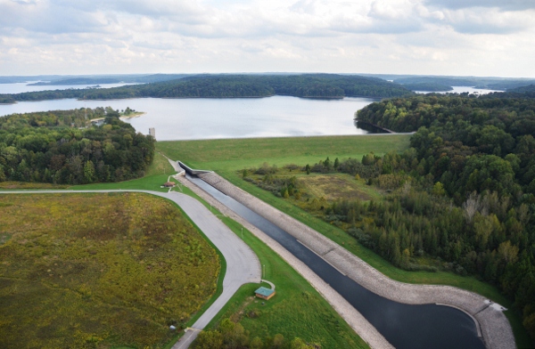 Aerial view of the tailwater and dam at Patoka Lake in Dubois, Indiana.