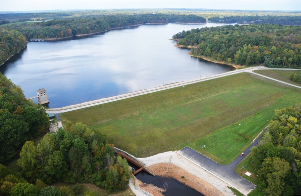 Aerial view of the tailwater and the dam at Monroe Lake in Bloomington, Indiana. 