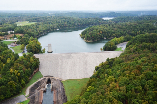 Aerial view of the tailwater and dam at Nolin River Lake in Mammoth Cave, Kentucky. Aerial view of the tailwater and dam at Nolin River Lake in Mammoth Cave, Kentucky.