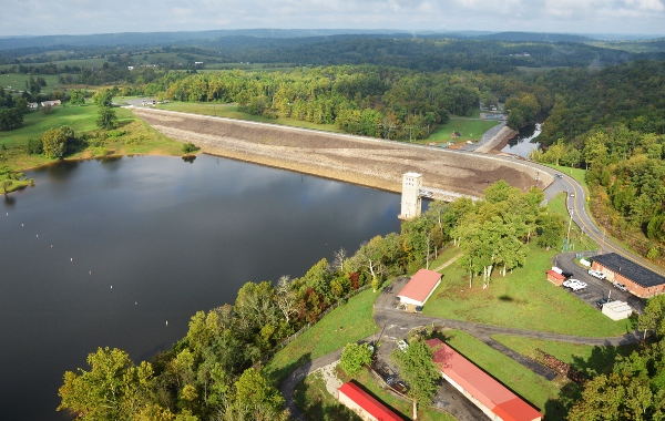 Aerial view of the dam at Rough River Lake in Falls of Rough, Kentucky. Aerial view of the dam at Rough River Lake in Falls of Rough, Kentucky.
