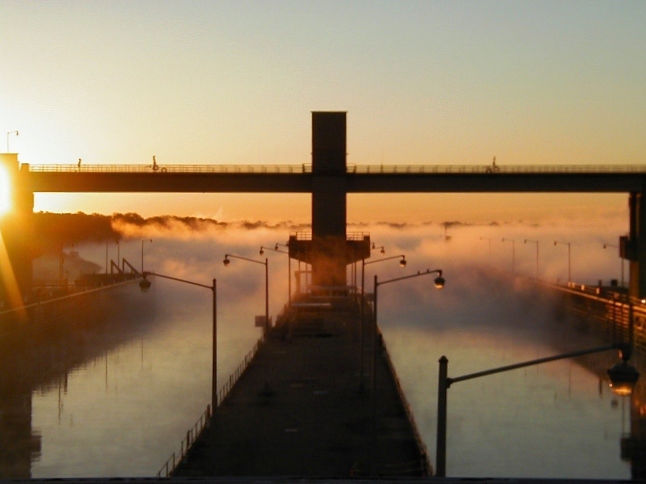 A view of fog coming off the water in the locks at John T. Myers Locks and Dam in Mt. Vernon, Indiana. A view of fog coming off the water in the locks at John T. Myers Locks and Dam in Mt. Vernon, Indiana.